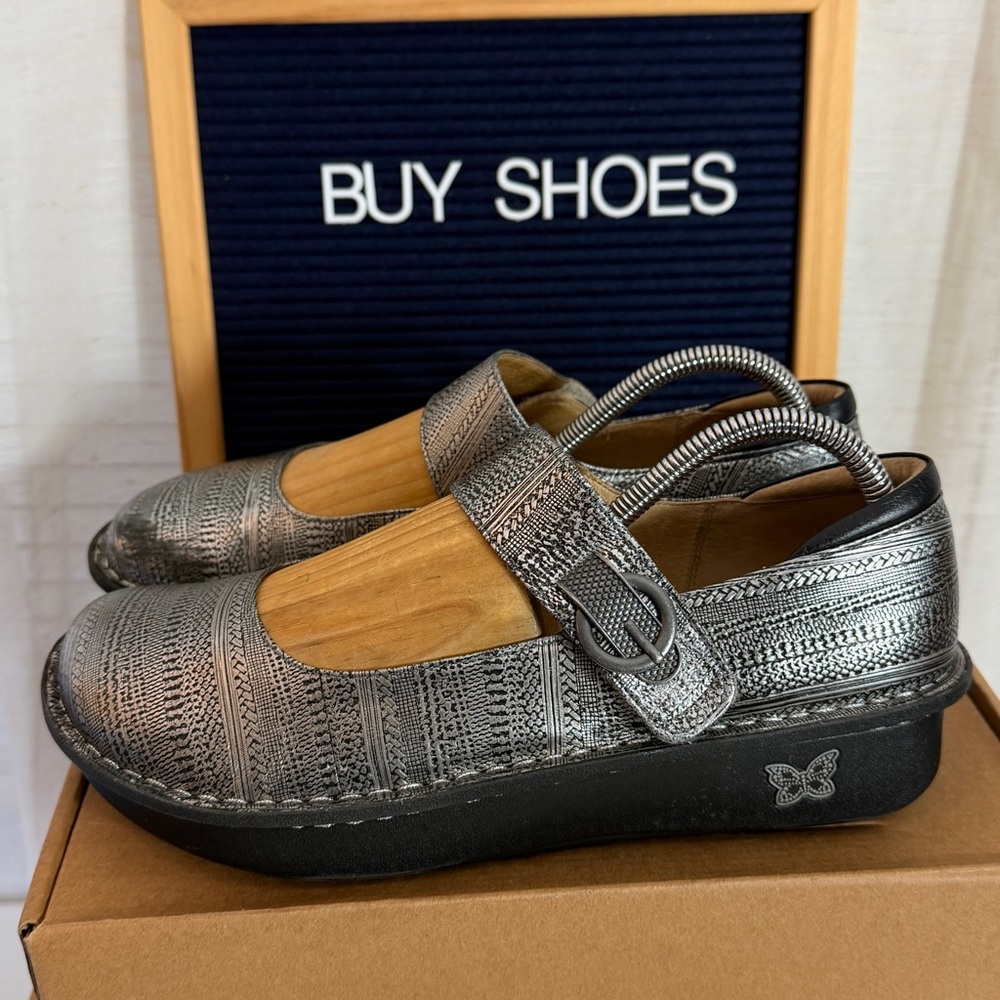 Alegria Paloma Chain Mail Mary Jane Clogs Size 40‎ Silver Leather Shoes (b11)